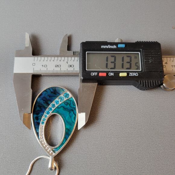 Silver Tone Teardrop Pendant Necklace with Blue Stone Inlay 32" Chain Rhinestone - Picture 13 of 13